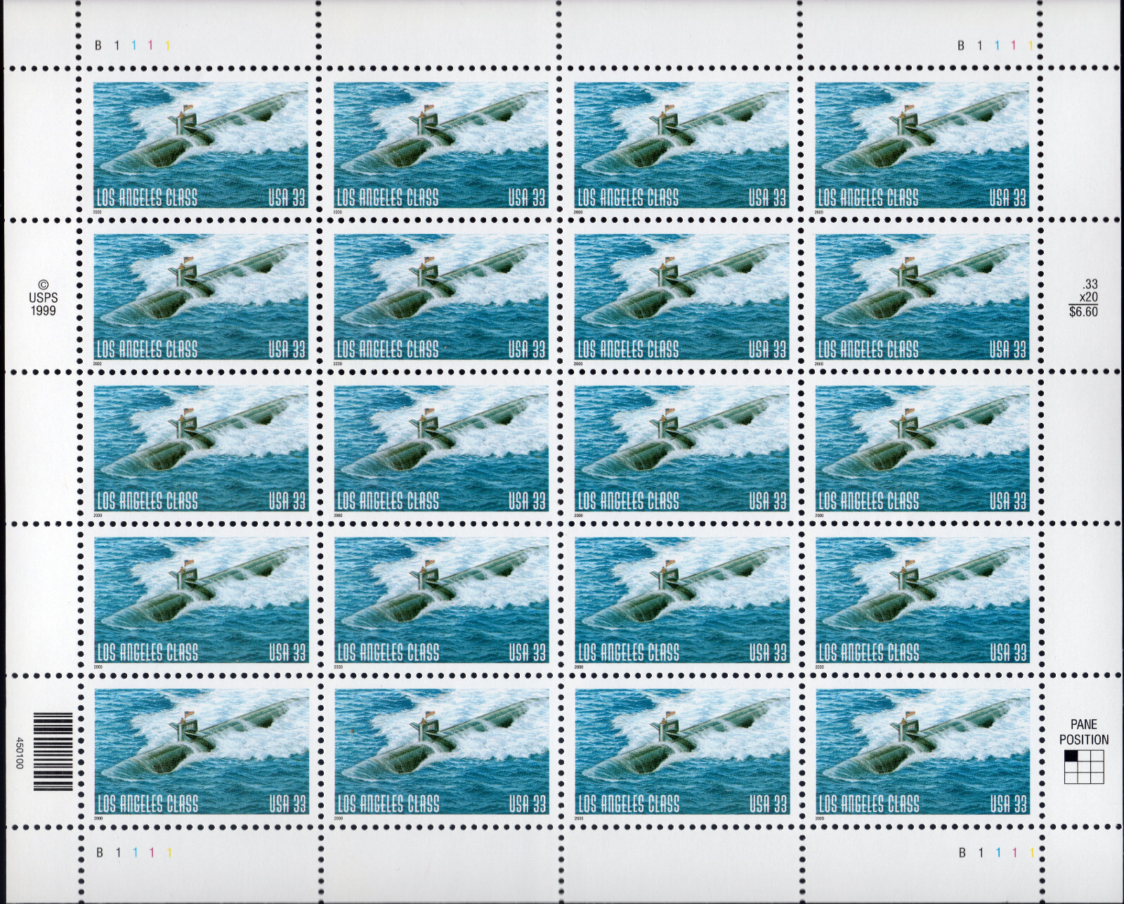 Scott #3372 LA Class Submarine Full Sheet of 20 Stamps - MNH