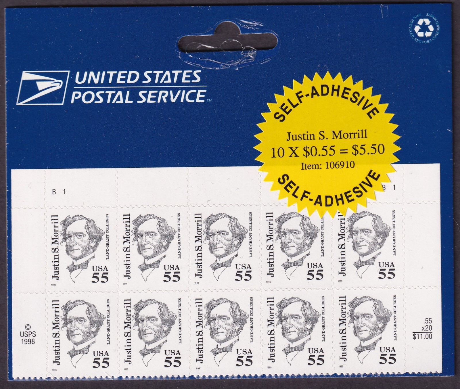 Scott #2941 Justin S. Morrill (Vermont) Half Sheet of 10 Stamps- Sealed