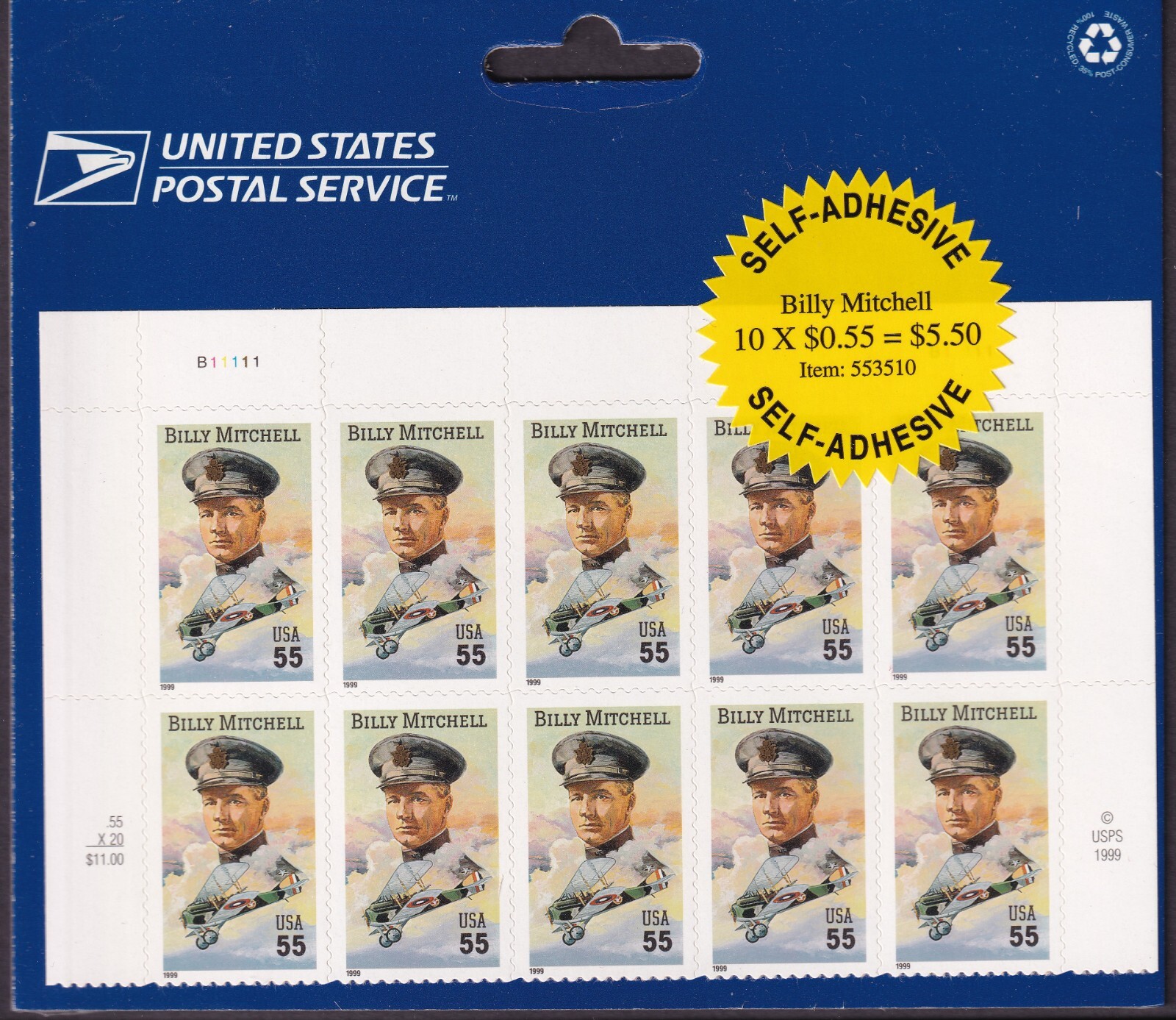 Scott #3330 Billy Mitchell Half Sheet of 10 Stamps- Sealed