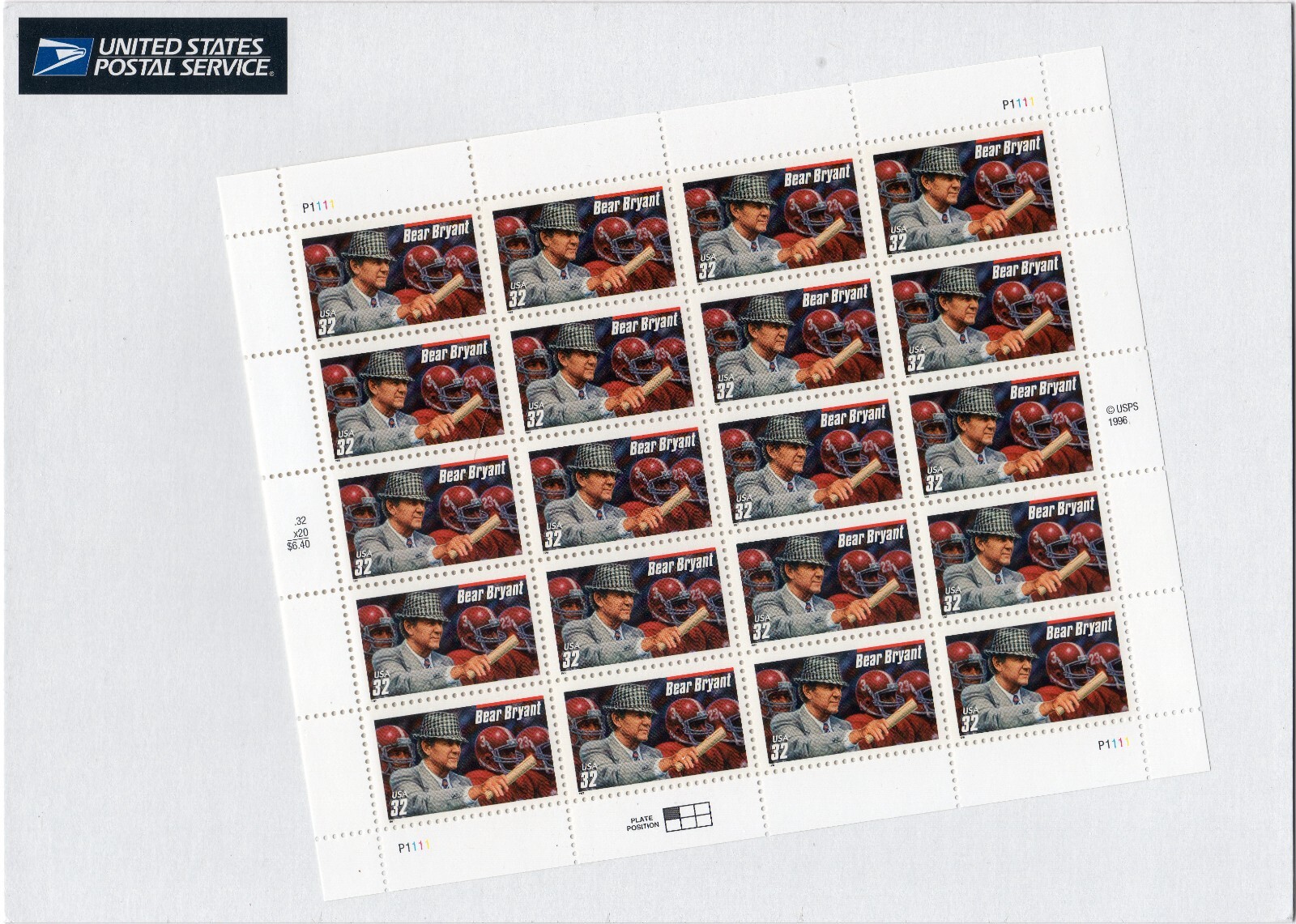 Scott #3148 Bear Bryant (Alabama Crimson Tide) Sheet of 20 Stamps - Sealed White