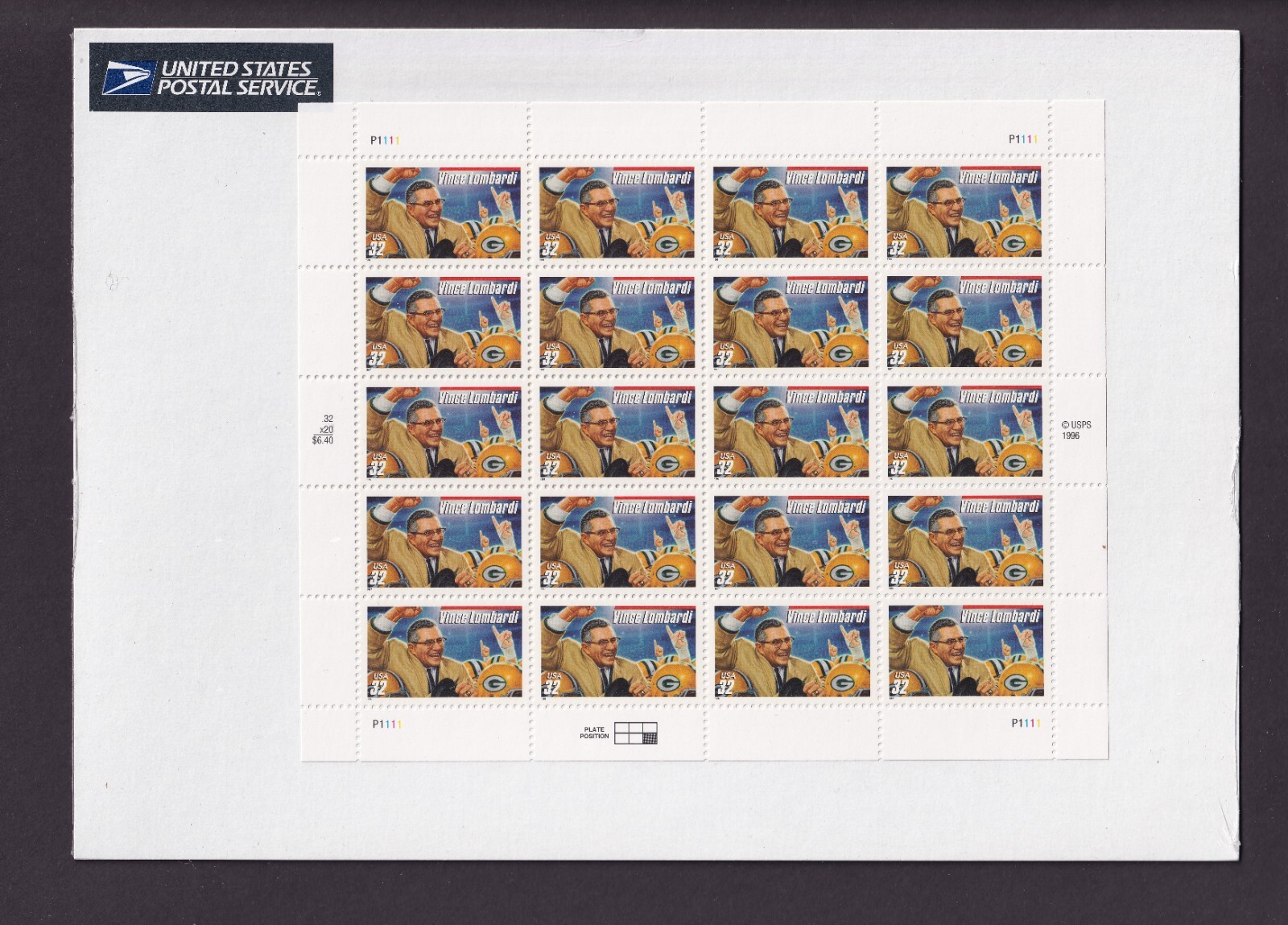 Scott #3147 Vince Lombardi (Green Bay Packers) Full Sheet of 20 Stamps - Sealed