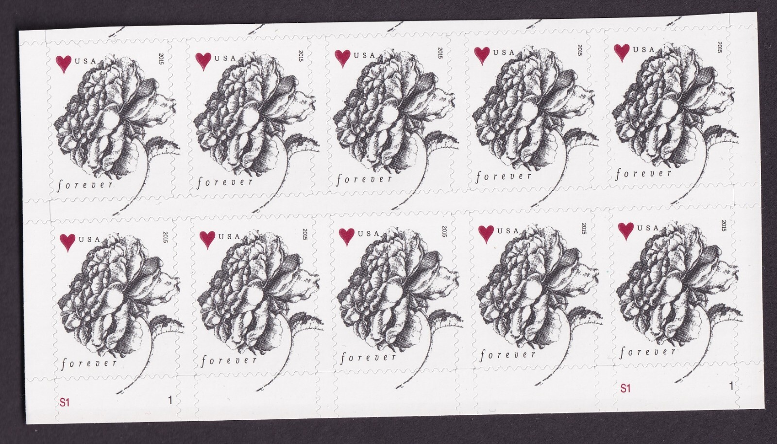Scott #4959 Forever Rose & Heart Half Sheet of 20 Stamps - MNH Bottom