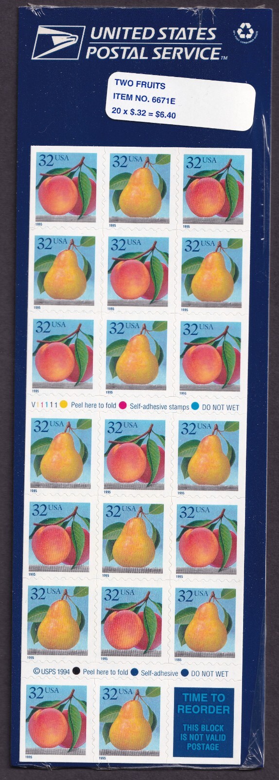 Scott #2494a Two Fruits (Peach And Pear) Booklet of 20 Stamps - MNH Sealed