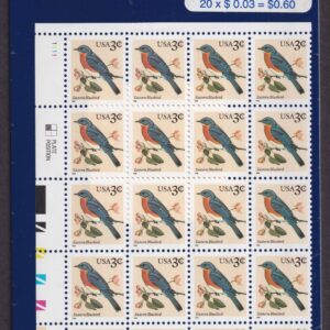 Scott #3033 Eastern Bluebird Plate Block of 20 Stamps - Sealed