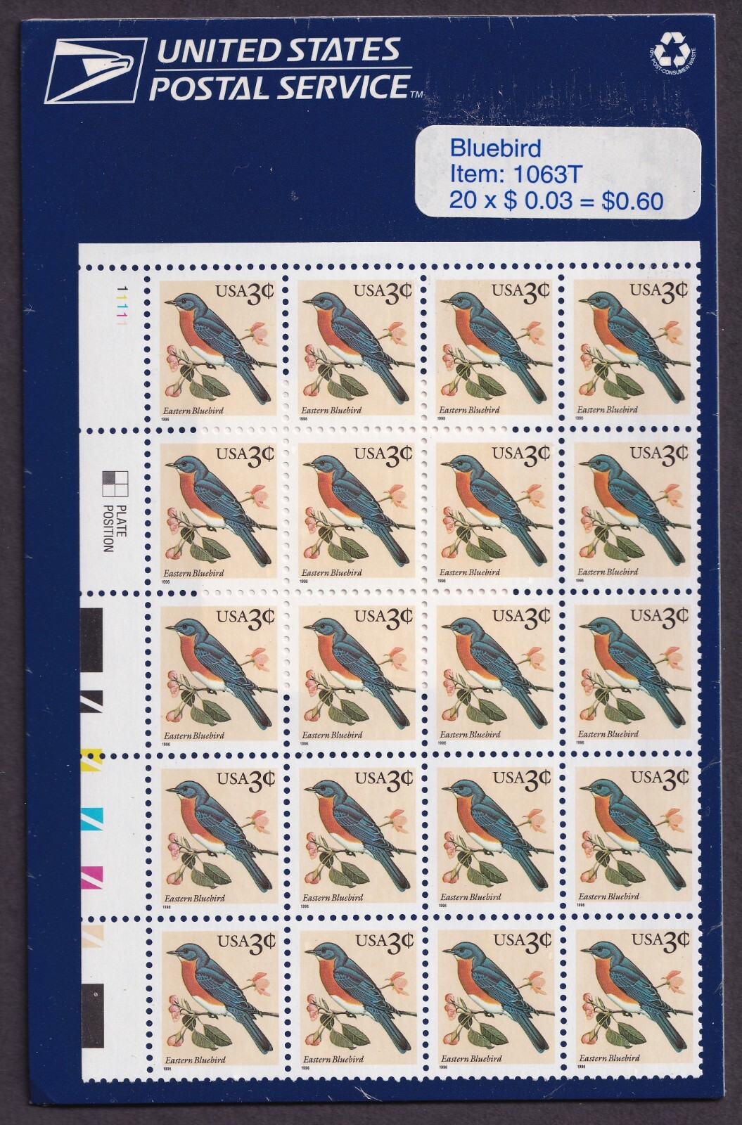 Scott #3033 Eastern Bluebird Plate Block of 20 Stamps - Sealed