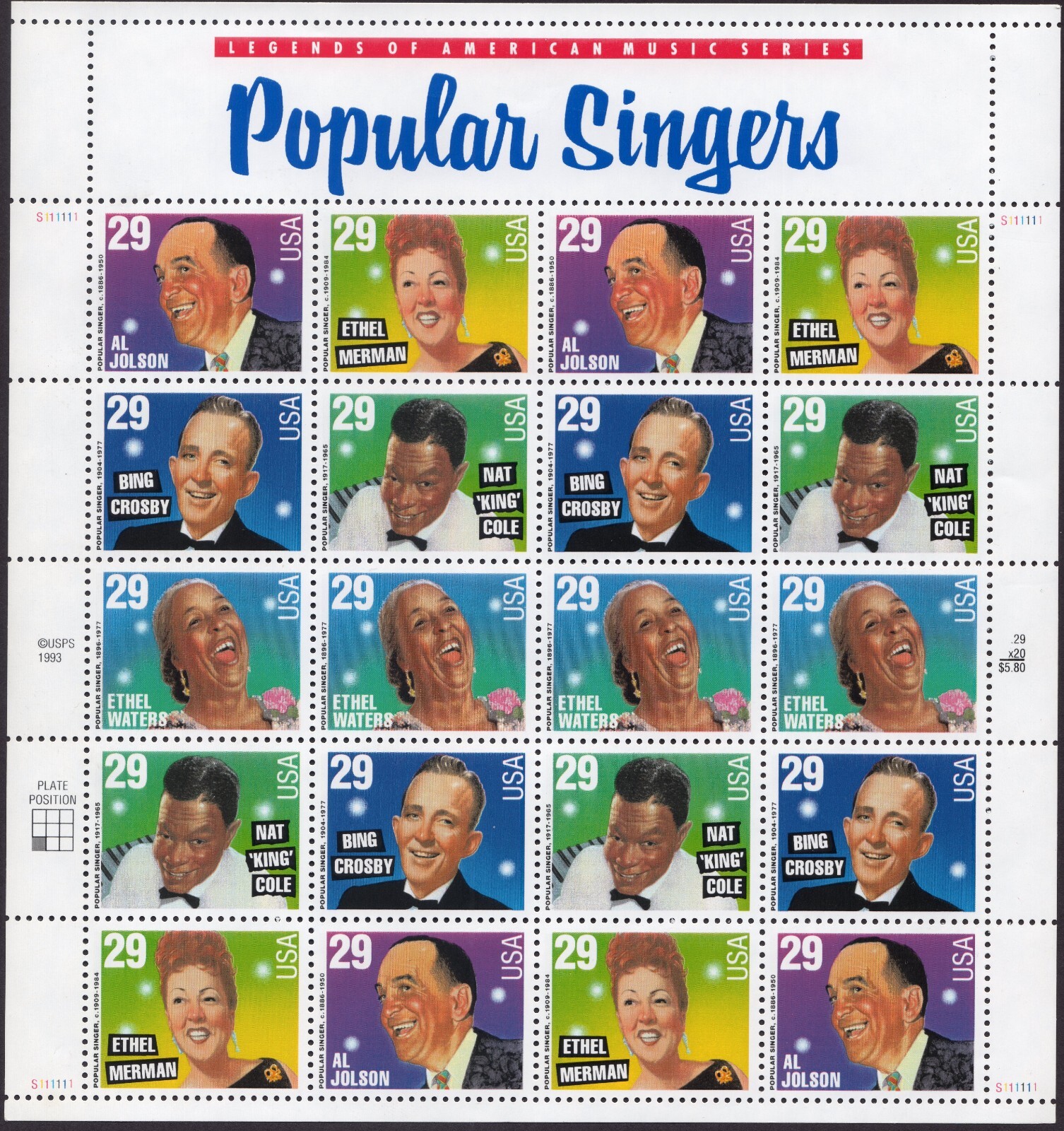 US. #2853a Popular Singers (Bing Crosby) Sheet of 20 Stamps - MNH