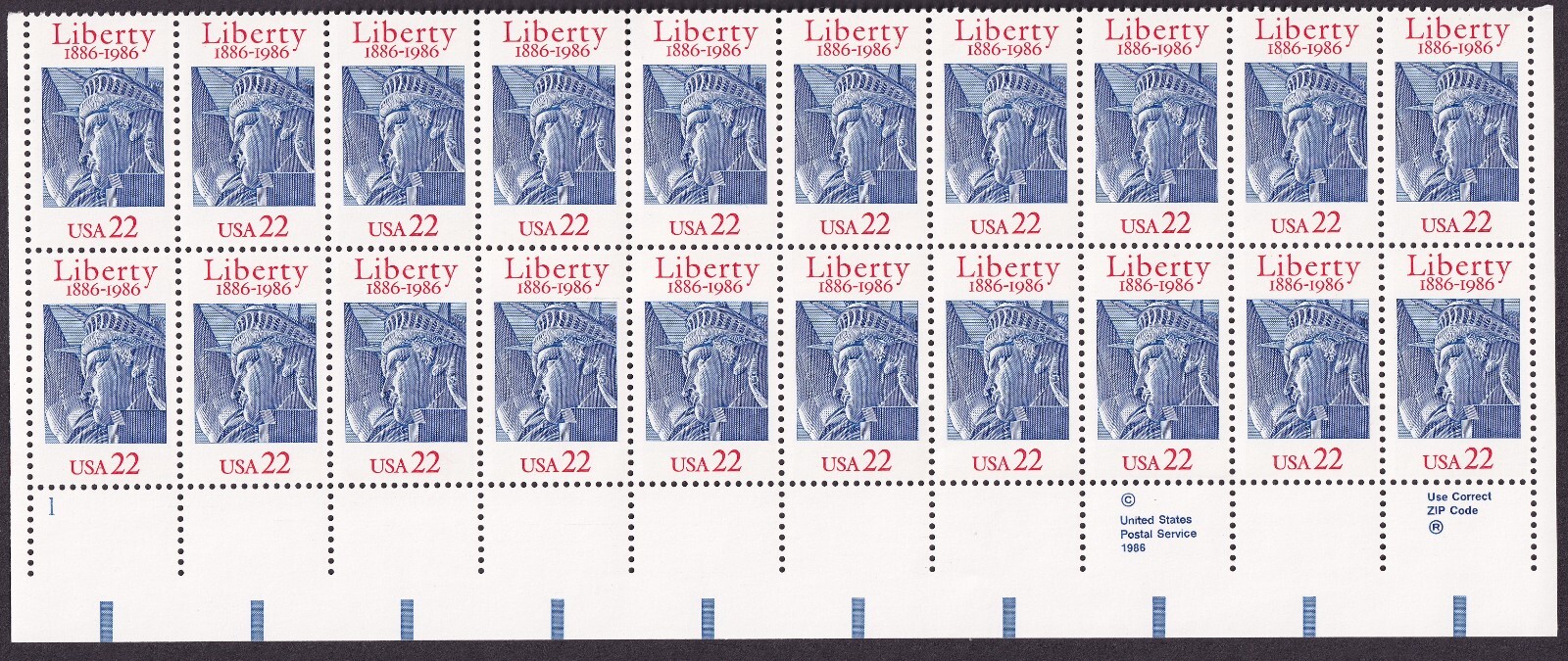 Scott #2224 Statue of Liberty Plate Block of 20 Stamps - MNH P#1 LL