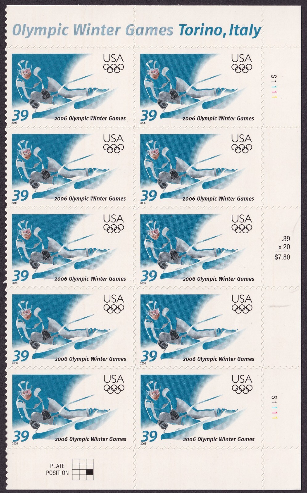 Scott #3995 39¢ Winter Olympics - Italy Half Sheet of 20 Stamps - MNH Right