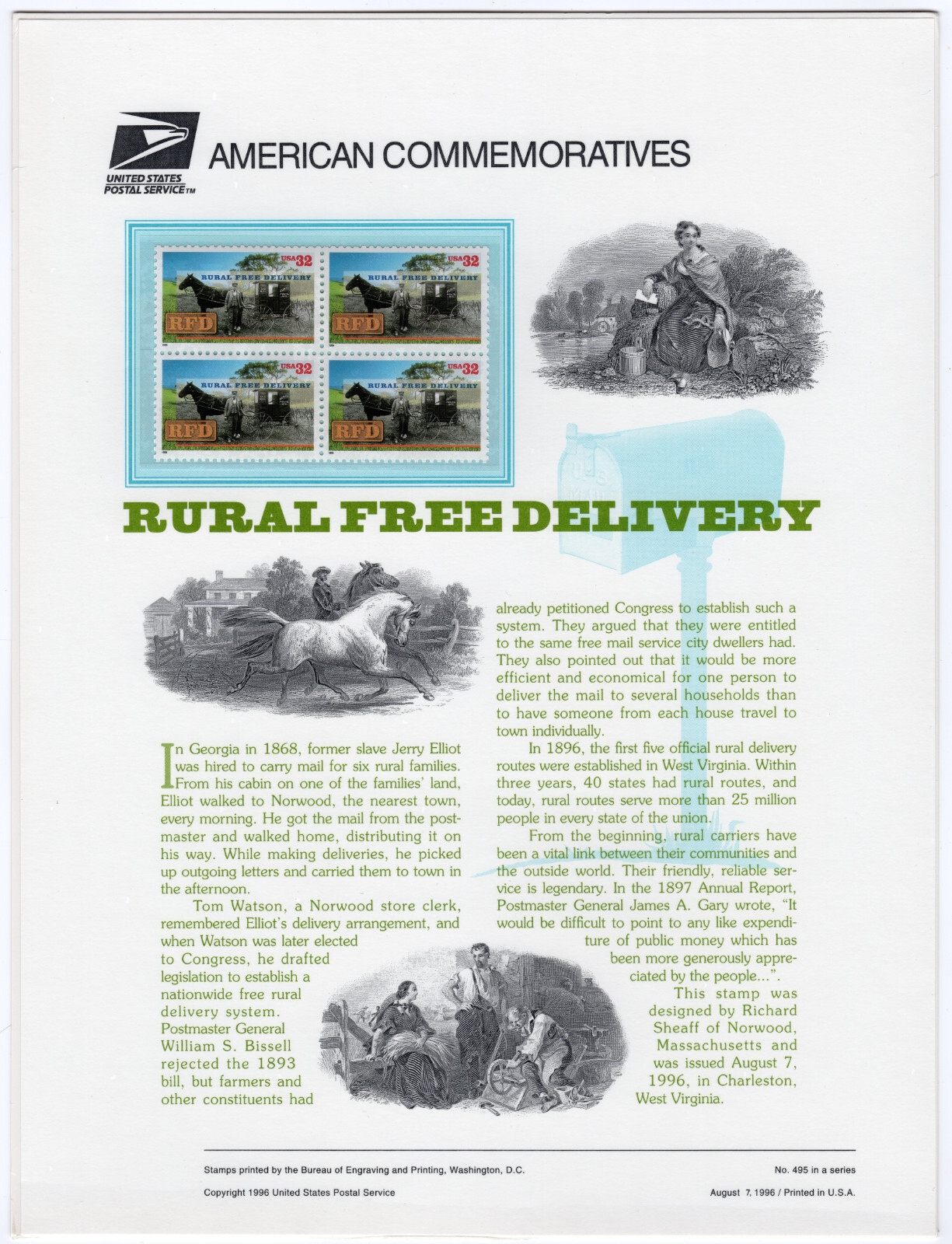 Scott #CP512 (3090) Rural Free Delivery Commemorative Panel of 4 Stamps - Sealed