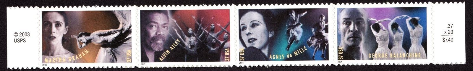 Scott #3843a (3840-3843) American Choreographers Strip of 4 Stamps - MNH w/Price