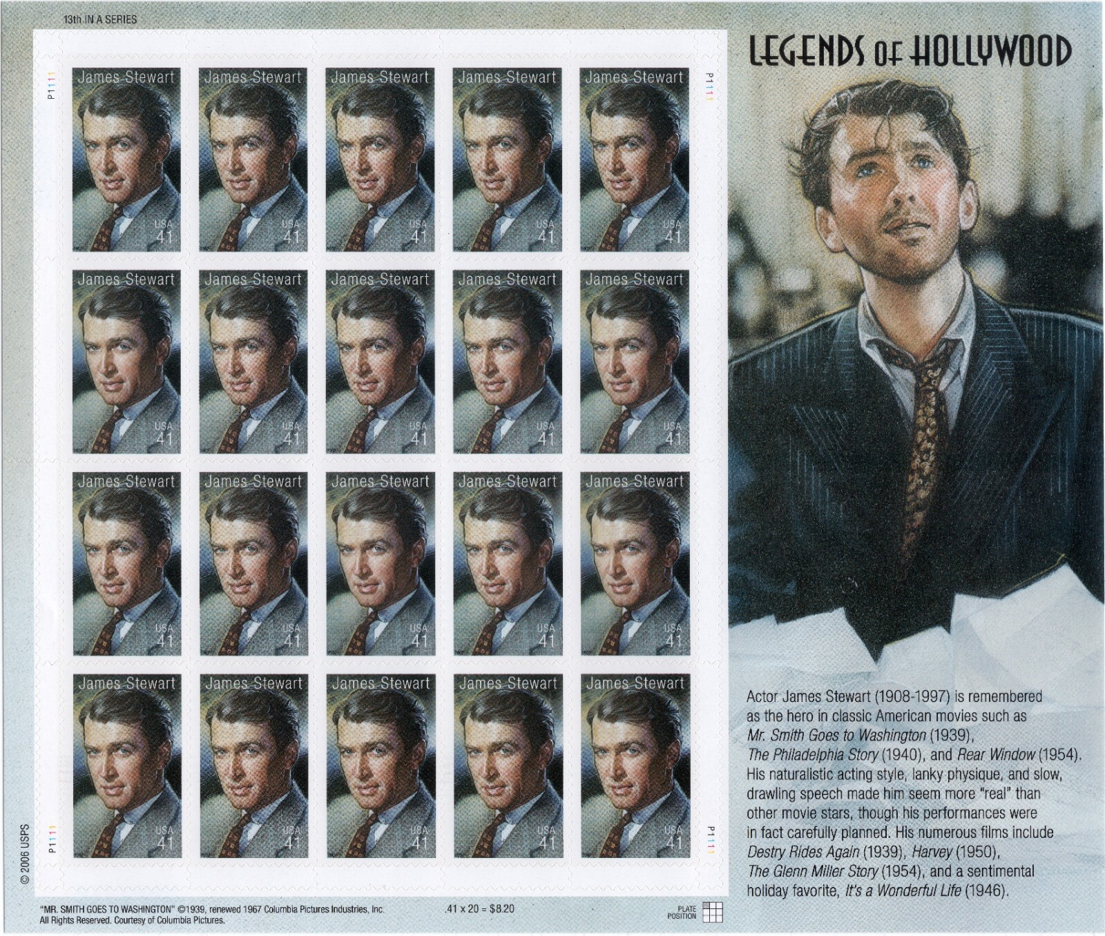 Scott #4197 Jimmy Stewart (It's a Wonderful Life) Sheet of 20 Stamps - MNH