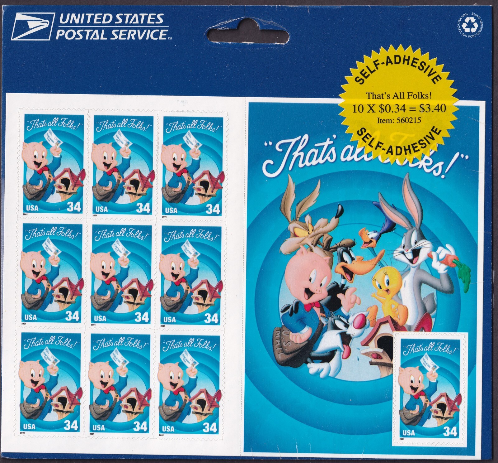 Scott #3534 Porky Pig Sheet of 10 Stamps - Sealed (Blue)