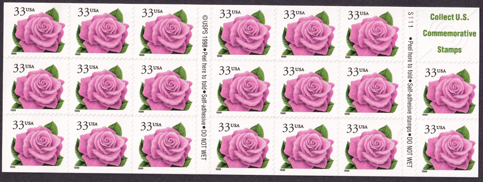 Scott #3052d 33¢ Coral Pink Rose Booklet of 20 Stamps - MNH