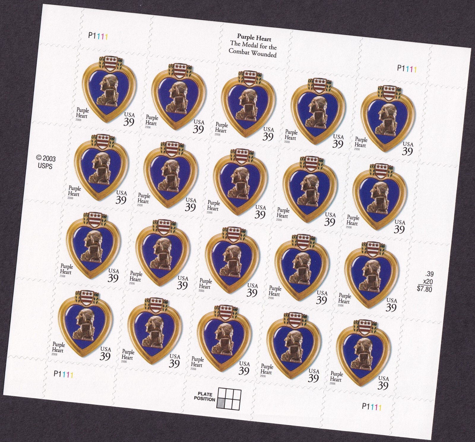 Scott #4032 Purple Heart Sheet of 20 Stamps - MNH