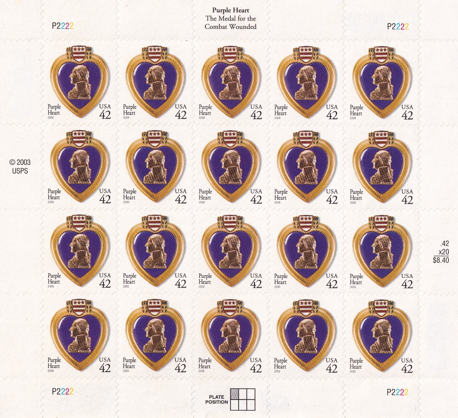 Scott #4264 Purple Heart Sheet of 20 Stamps - MNH
