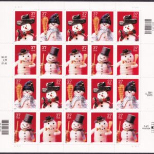 Scott #3679a (3676-79) Snowman Sheet of 20 Stamps - MNH