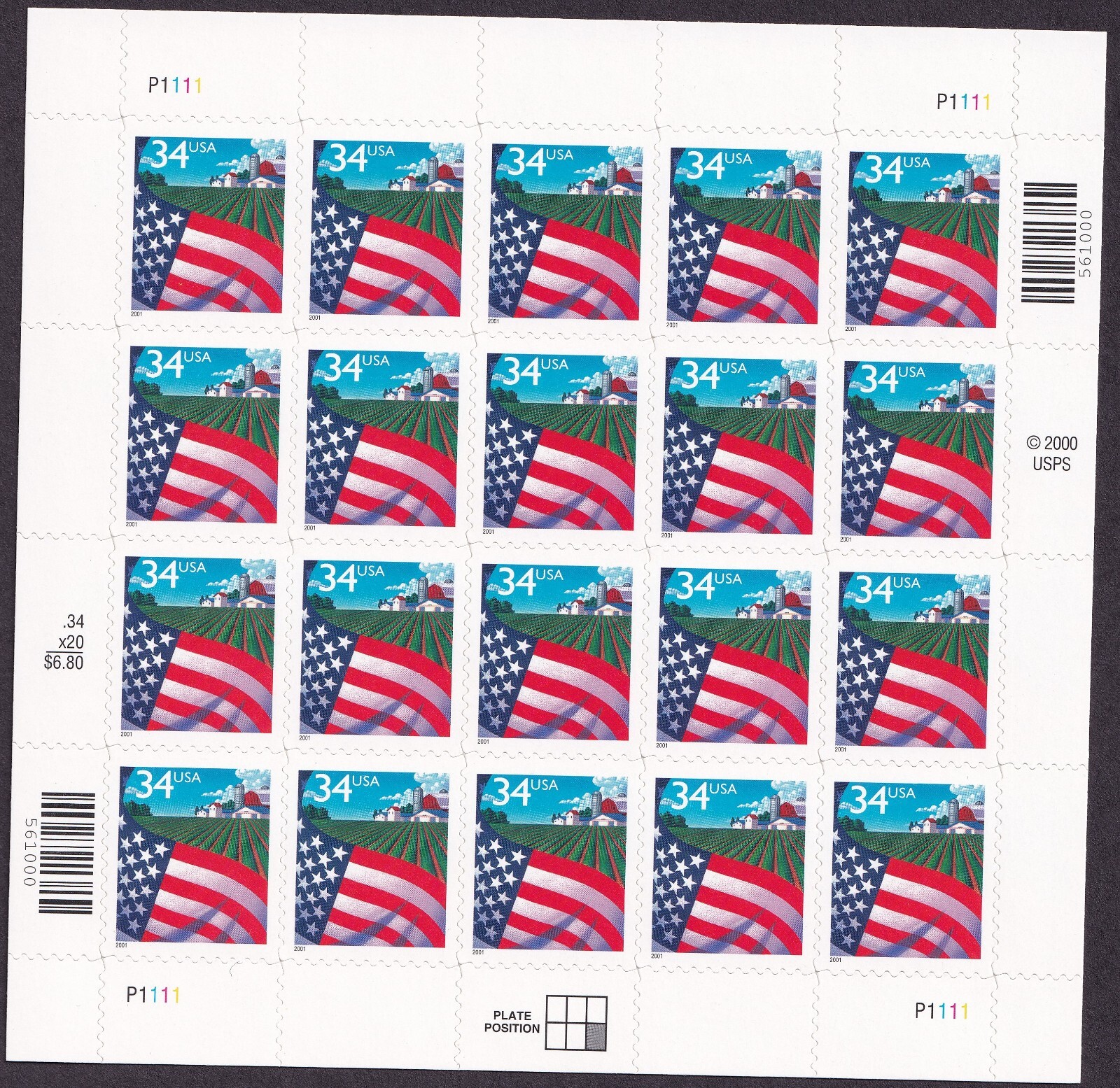Scott #3470 Flag Over Farm Sheet Of 20 Stamps - MNH P#P1111