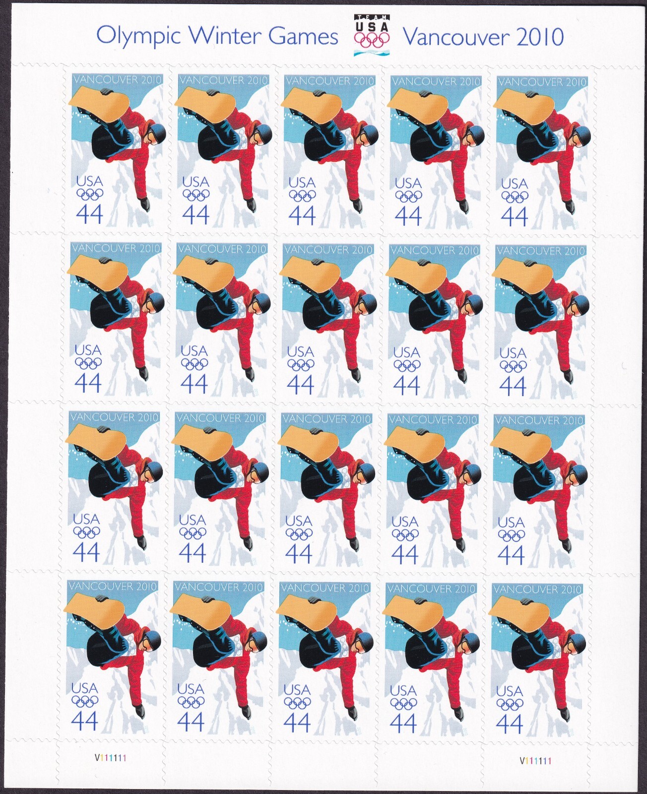 Scott #4436 44¢ Winter Olympics - Vancouver Full Sheet of 20 Stamps - MNH
