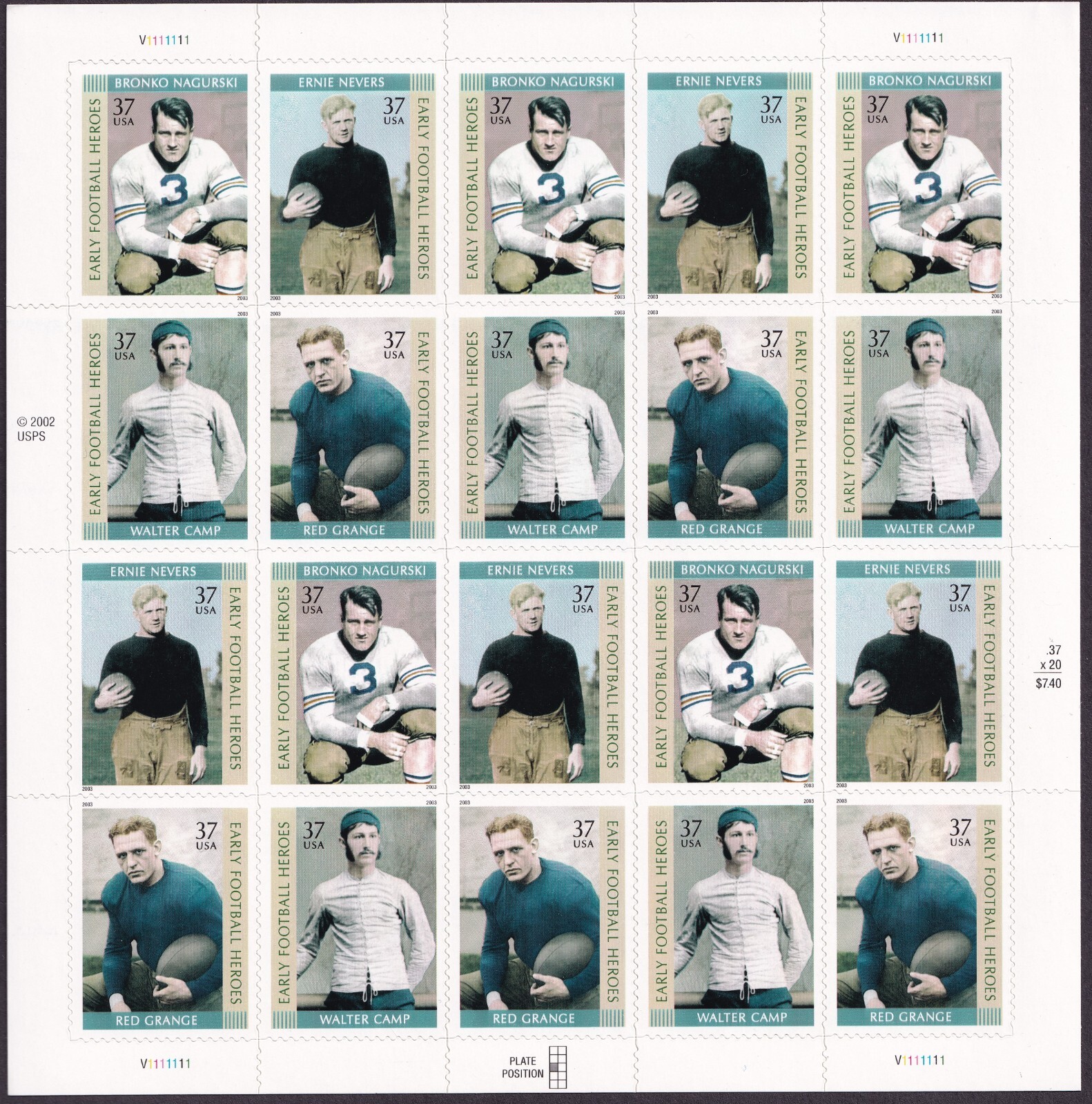 Scott #3811a Early Football Heroes Sheet of 20 Stamps - MNH
