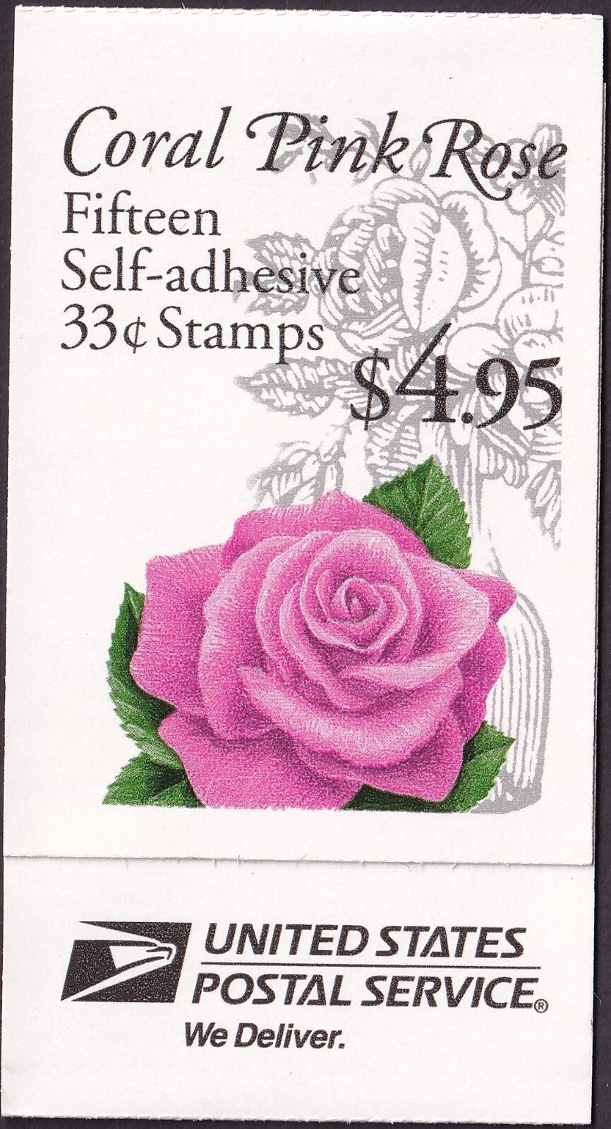 Scott #BK242B (3052a-3052c) 33¢ Coral Pink Rose Booklet of 15 Stamps - Sealed