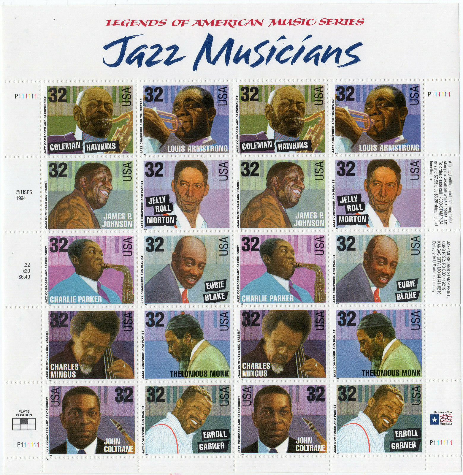 Scott #2992a (2983-2992) Jazz Musicians Full Sheet of 20 Stamps - MNH P#P111111