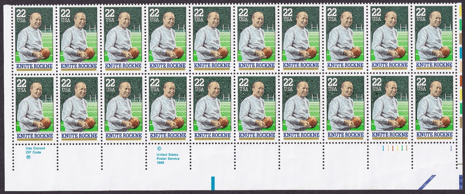 Scott #2376 Knute Rockne Plate Block of 20 Stamps - MNH PC#6