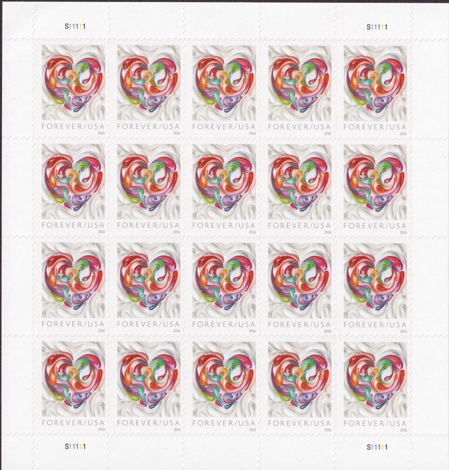Scott #5036 Love Quilled Paper Heart Sheet of 20 Forever Stamps - MNH P#S11111