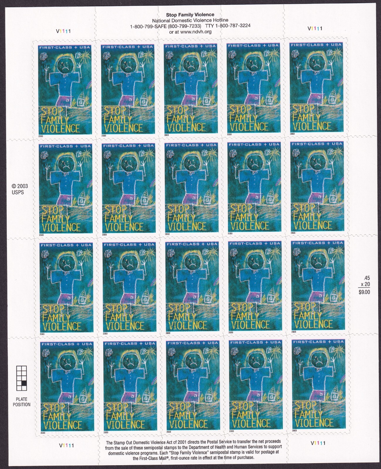 Scott #B3 Stop Family Violence Semi-Postal Full Sheet of 20 Stamps - MNH