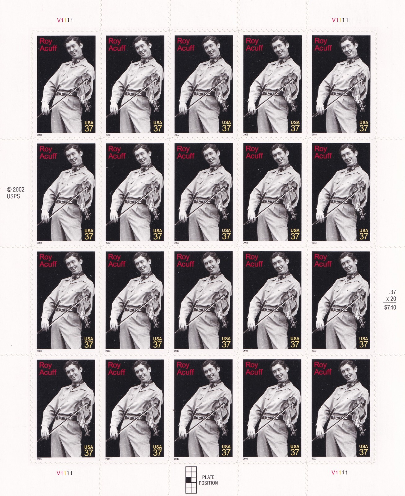 Scott #3812 Roy Acuff (Fiddle) Full Sheet of 20 Stamps - MNH