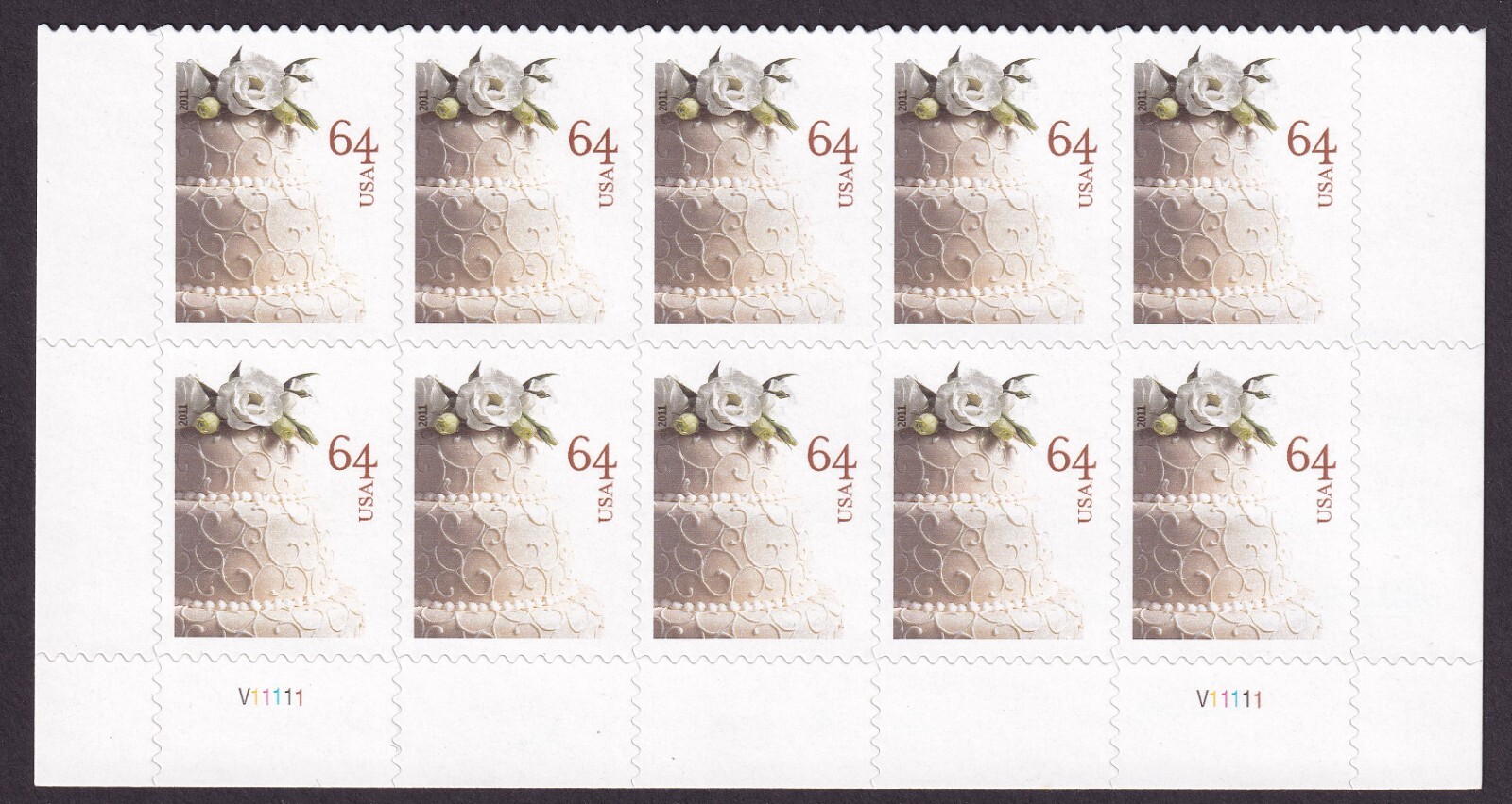 Scott #4521 Wedding Cake 64c Half Sheet of 10 Stamps - MNH Bottom