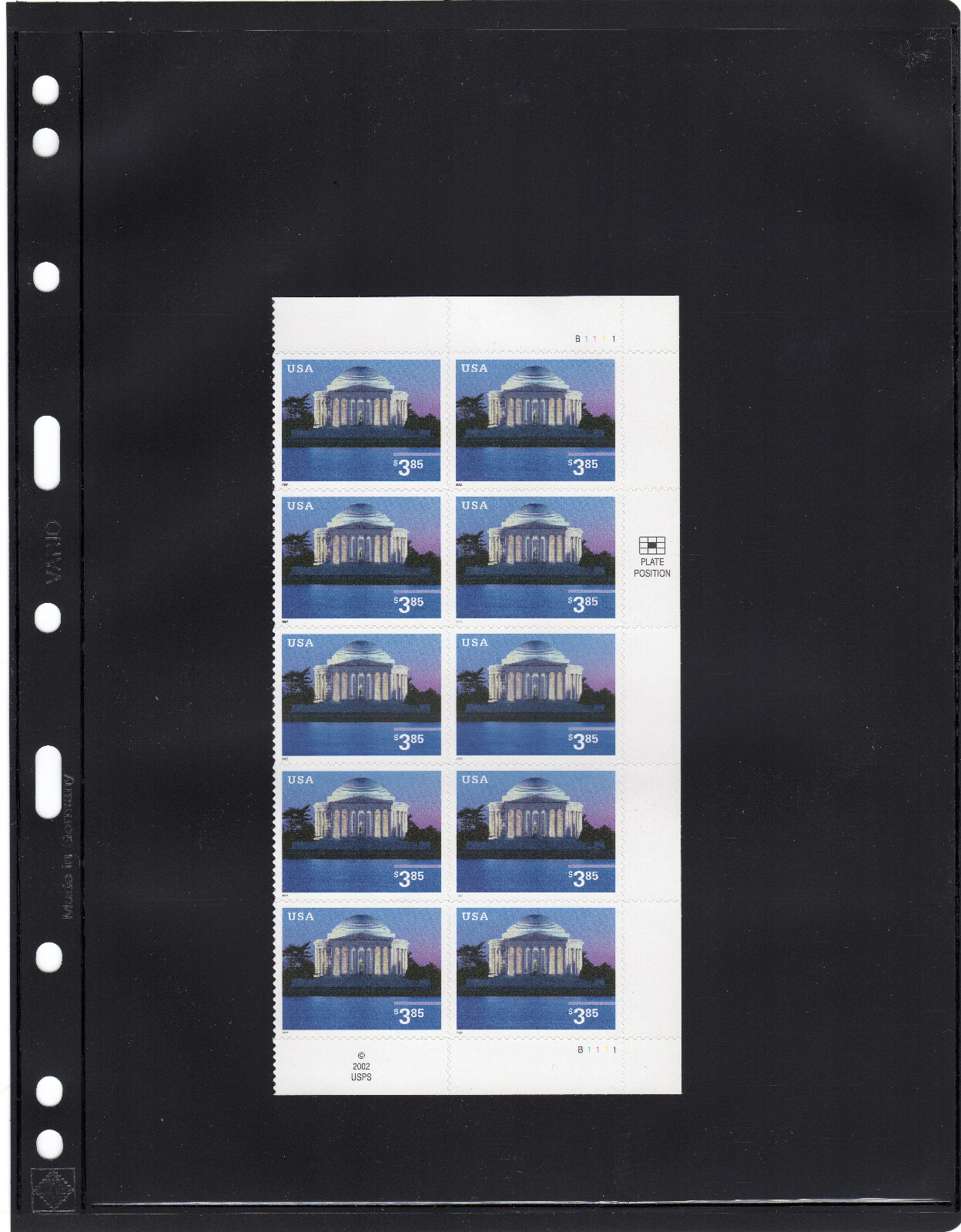Scott #3647 $3.85 Jefferson Memorial Half Sheet Plate Block of 10 Stamps Vario