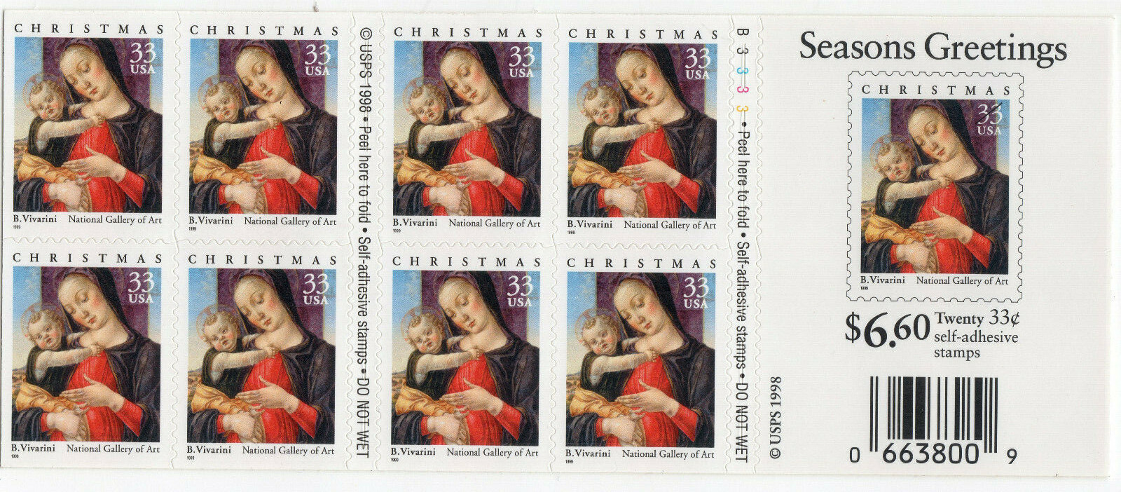 Scott #3355a 33¢ Madonna & Child (Vivarini) Booklet of 20 Stamps - MNH P#B3333