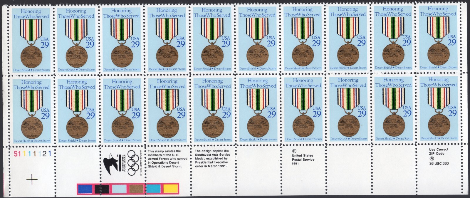 Scott #2551 Medal of Honoring Those Who Served Plate Block of 20 Stamps - MNH LL