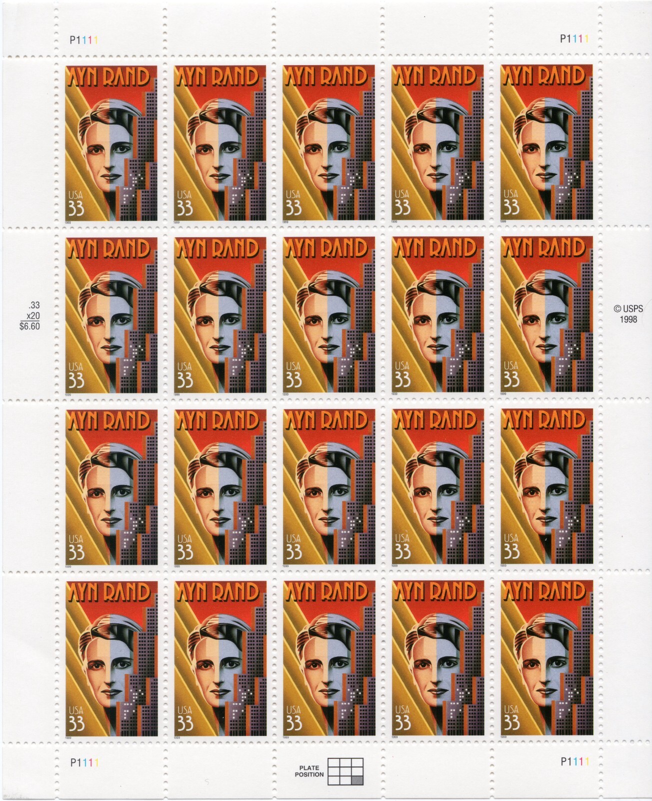 Scott #3308 Ayn Rand (Atlas Shrugged) Full Sheet of 20 Stamps - MNH