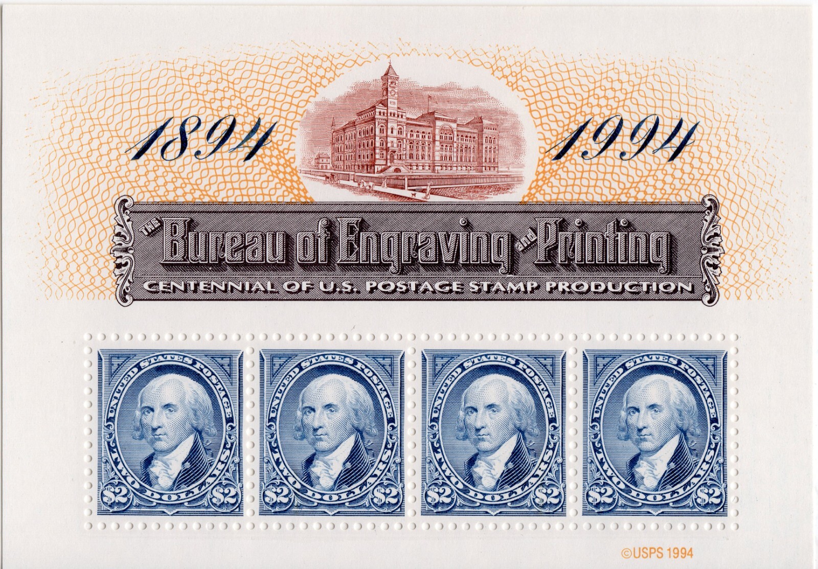 Scott #2875 1894-1994 Bureau of Engraving & Printing Sheet of 4 Stamps - MNH