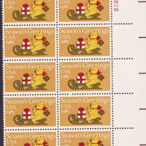 Scott #1940 Teddy Bear on Sleigh Plate Block of 10 Stamps - MNH