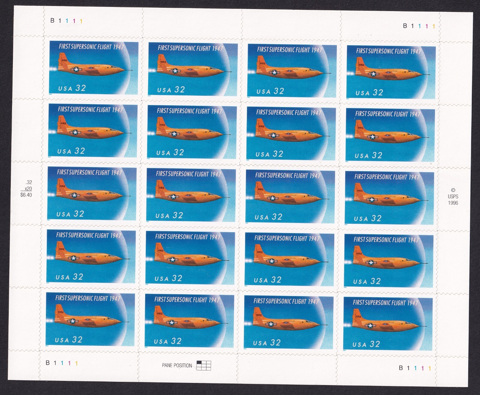 Scott #3173 Supersonic First Flight (Mach Speed) Sheet of 20 Stamps - MNH