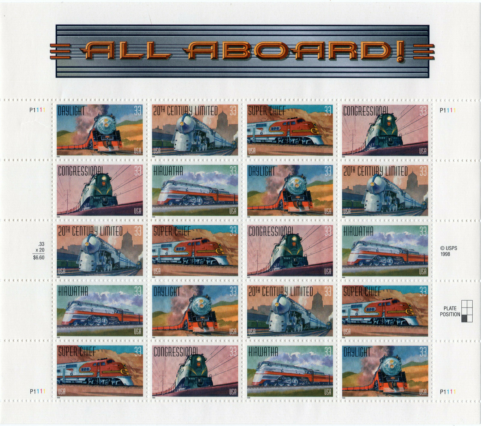 Scott #3337a (3333-3337) All Aboard! Trains Sheet of 20 Stamps - MNH P#1111
