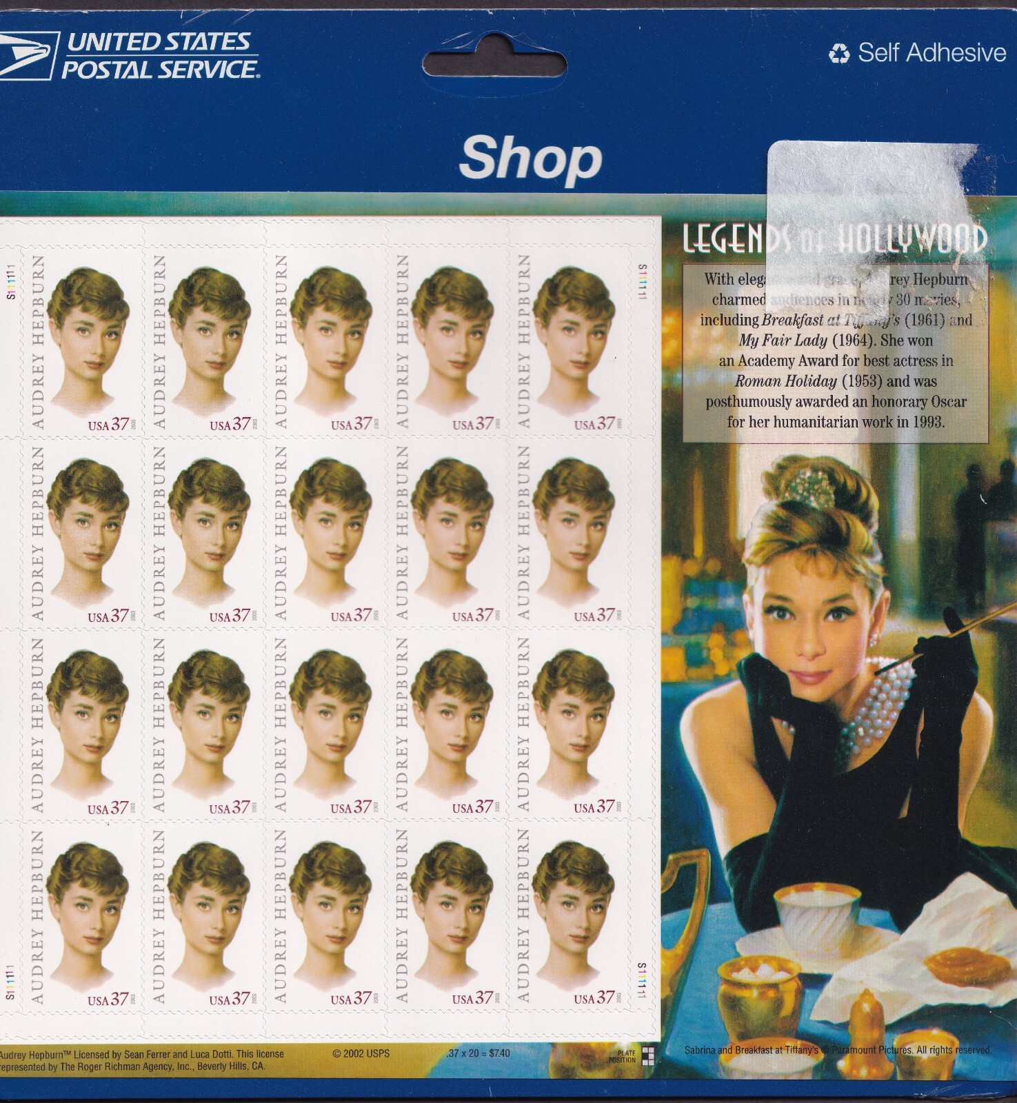 Scott #3786 Audrey Hepburn Sheet of 20 Stamps - Sealed Blue #2