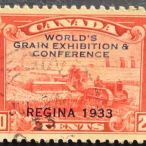 Stamp Canada 1933 "Harvesting Wheat" overprinted in blue A62 #203 used UFC