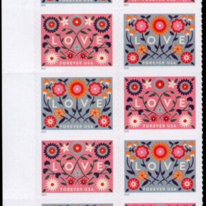 Scott #5661 Love Hearts Flowers Plate Block of 10 Forever Stamps - MNH Left