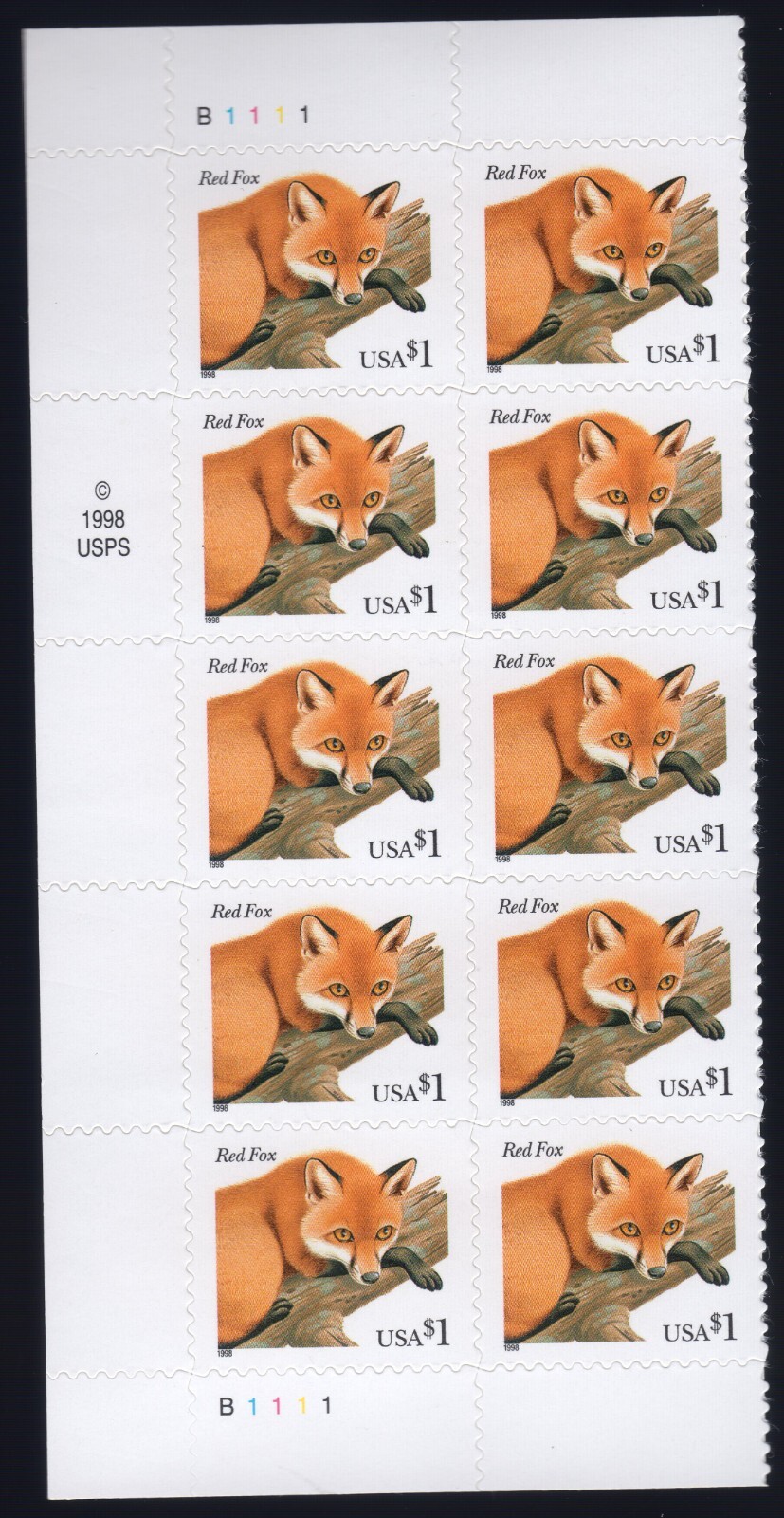 Scott #3036a Red Fox Half Sheet of 10 Stamps - MNH (Left #4)