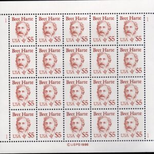 Scott #2196 Bret Harte $5 Sheet of 20 Stamps - MNH P#1