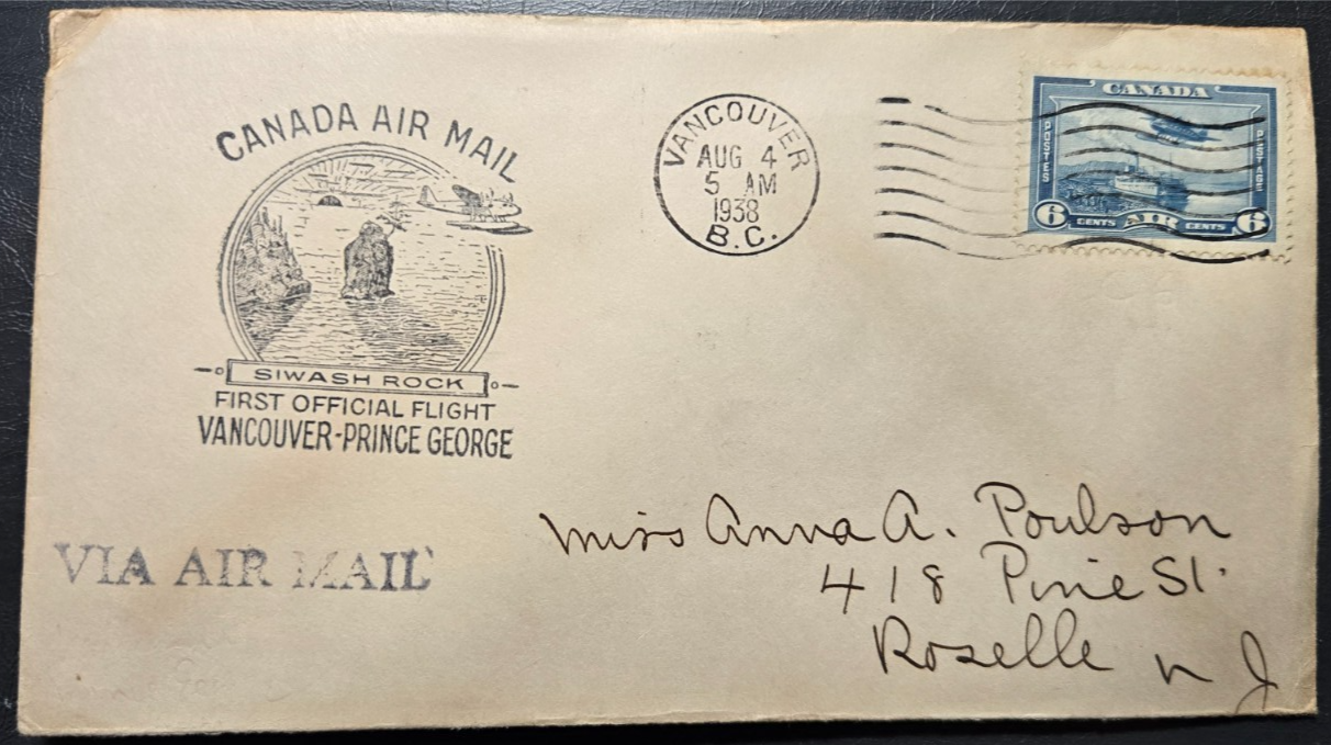 Stamp Canada 1938 Cover Airmail #C6 Vancouver-Prince George, BC