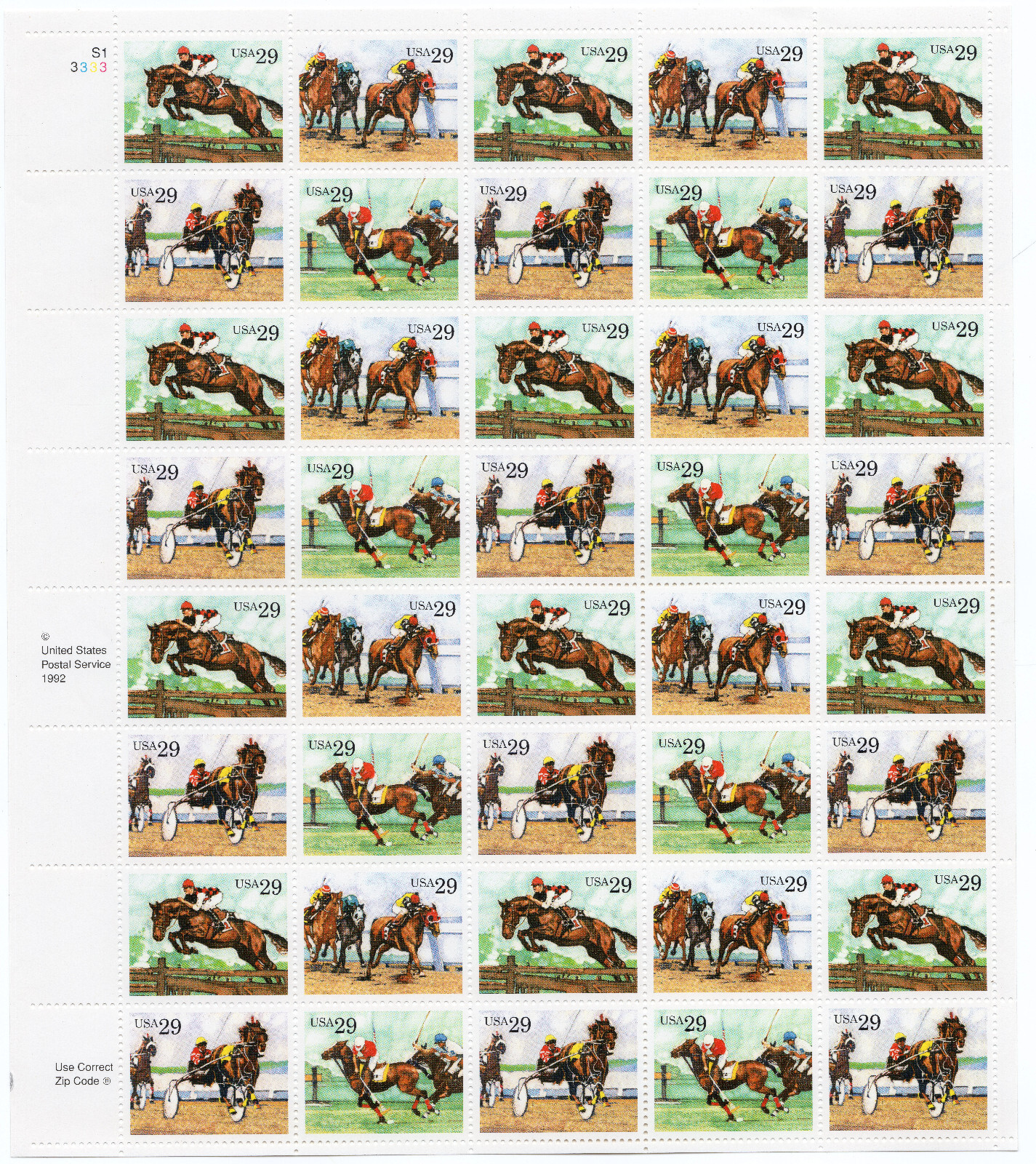 Scott #2759a (2756-59) Sporting Horses 29¢ Sheet of 40 Stamps - MNH