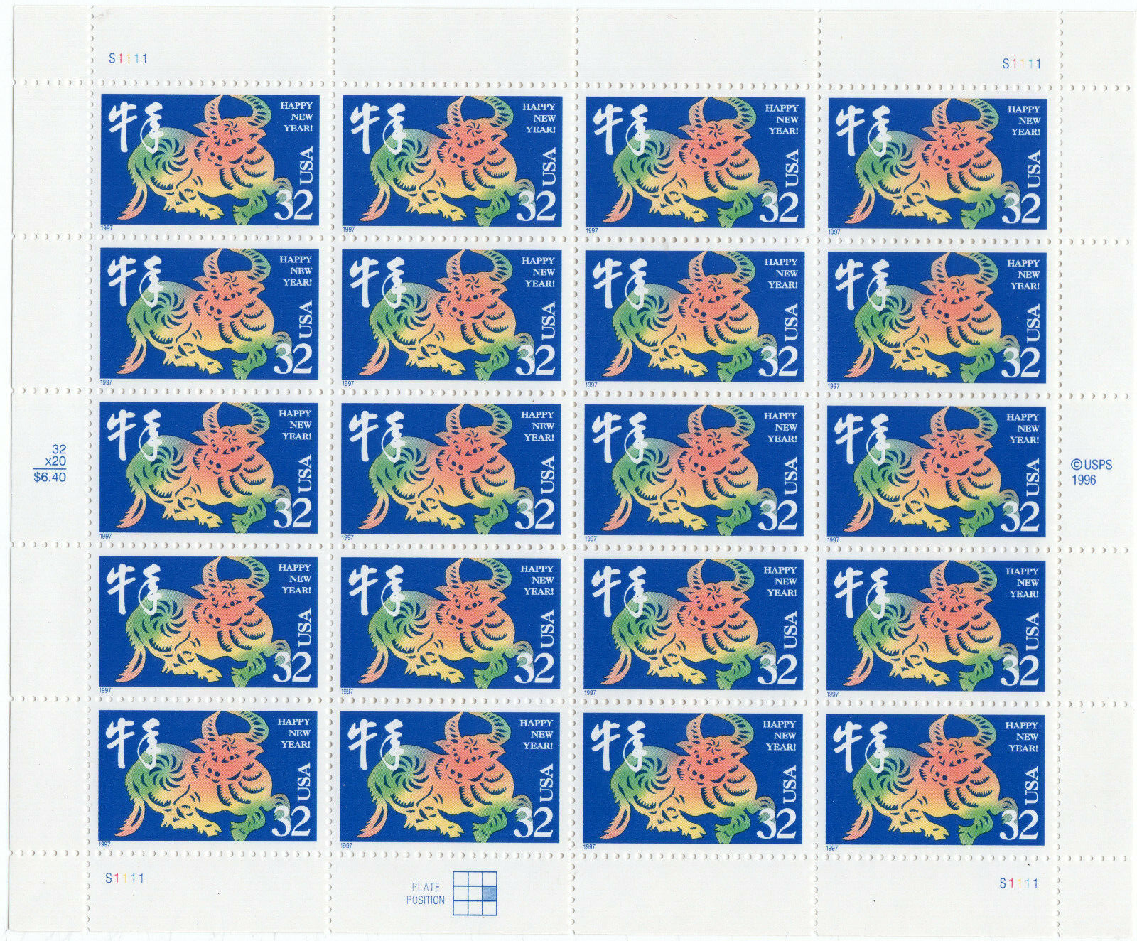 Scott #3120 Chinese New Year (Lunar, Ox) Full Sheet of 20 Stamps - MNH