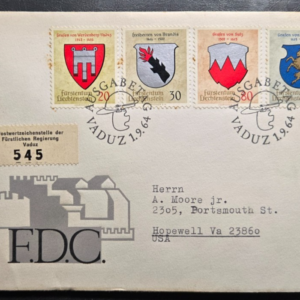 Stamp FDC 1 Sep 1964 Liechtenstein to US (Virginia) #386-389