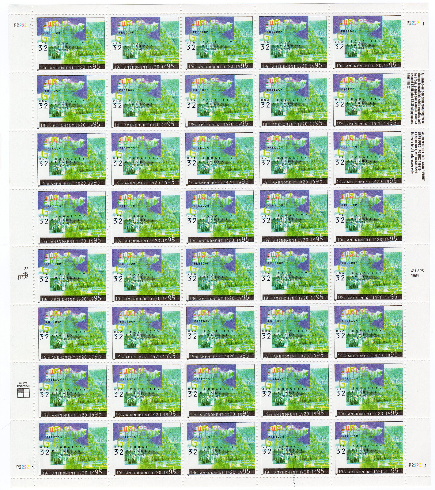 Scott #2980 19th Amendment (Woman's Suffrage) Sheet of 40 Stamps - MNH P#2222-1