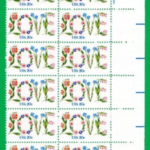 Scott #1951A Love Flowers Plate Block of 20 Stamps - MNH LR