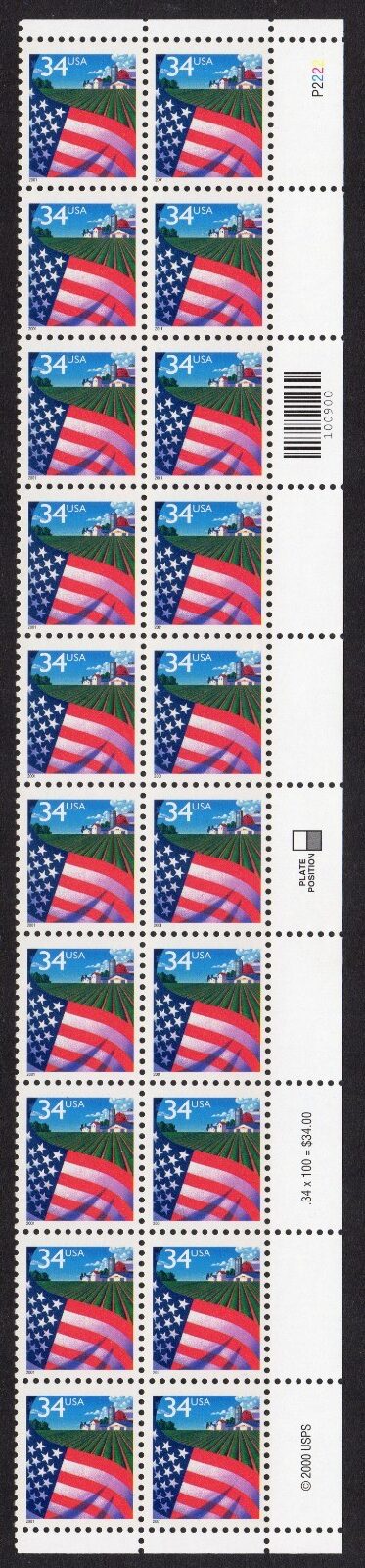 Scott #3469 Flag over Farm Plate Block of 20 Stamps - MNH P#2222 UR